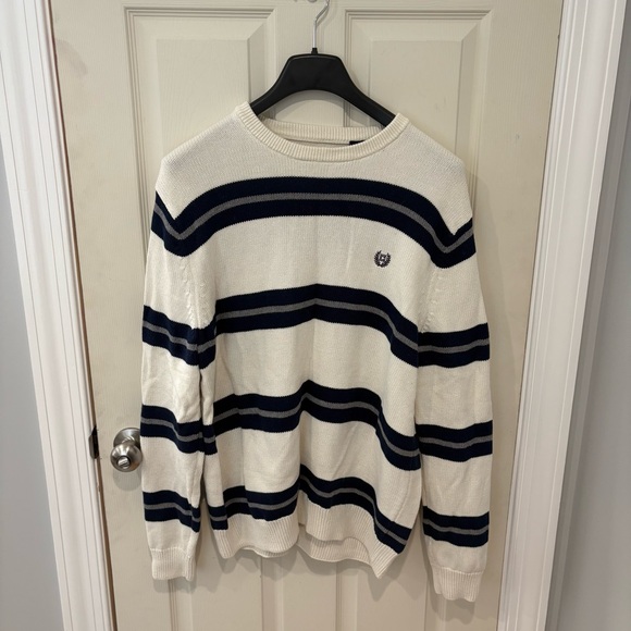 Chaps Men's Crewneck Sweater - Cream and Navy Stripes - Picture 1 of 4